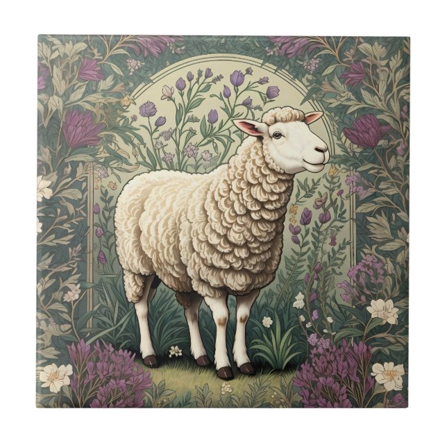 Elegant Sheep Lavender floral Background Ceramic Tile (Front)