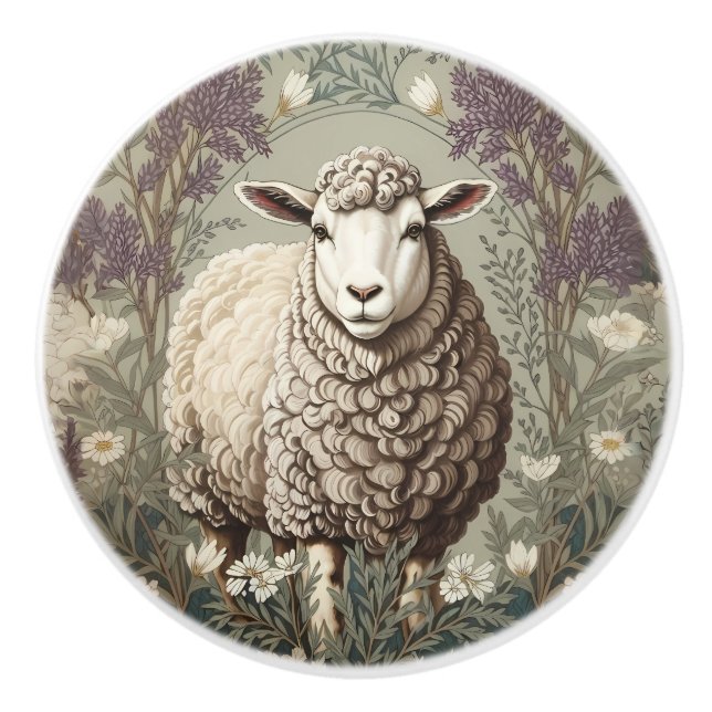 Elegant Sheep Lavender Flower Background Ceramic Knob (Front)