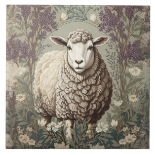 Elegant Sheep Lavender Flower Background Ceramic Tile