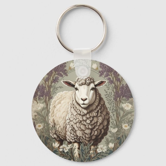 Elegant Sheep Lavender Flower Background Key Ring (Front)