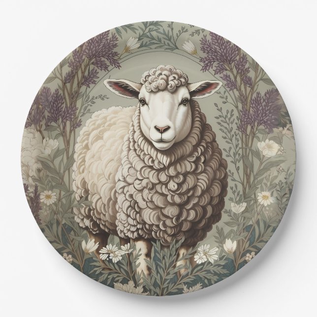 Elegant Sheep Lavender Flower Background Paper Plate (Front)