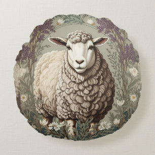 Elegant Sheep Lavender Flower Background Round Cushion