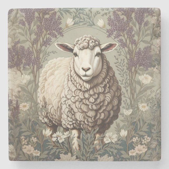 Elegant Sheep Lavender Flower Background Stone Coaster (Front)