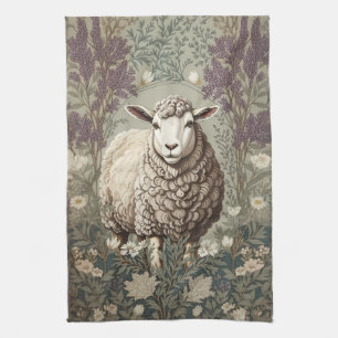 Elegant Sheep Lavender Flower Background Tea Towel