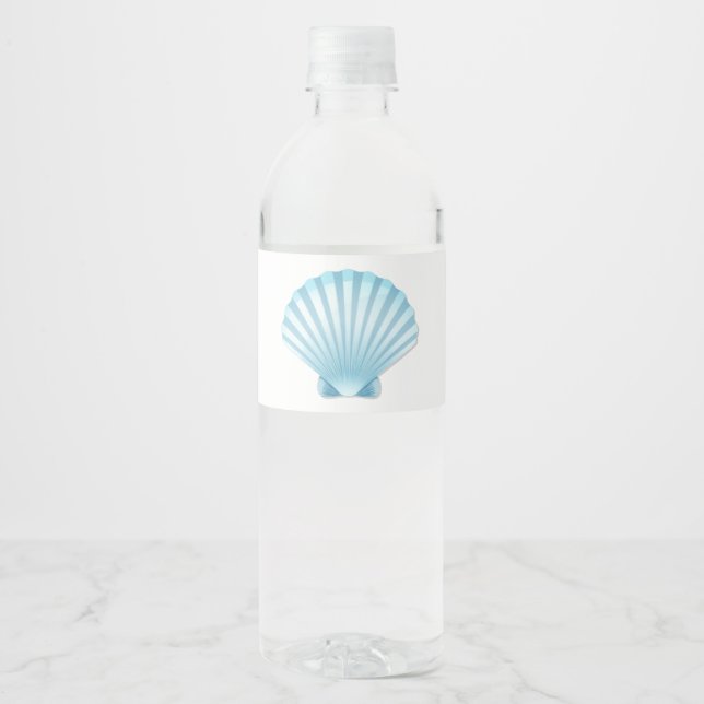 Elegant Shell Beach Blue Nautical Wedding Water Bottle Label (Front)