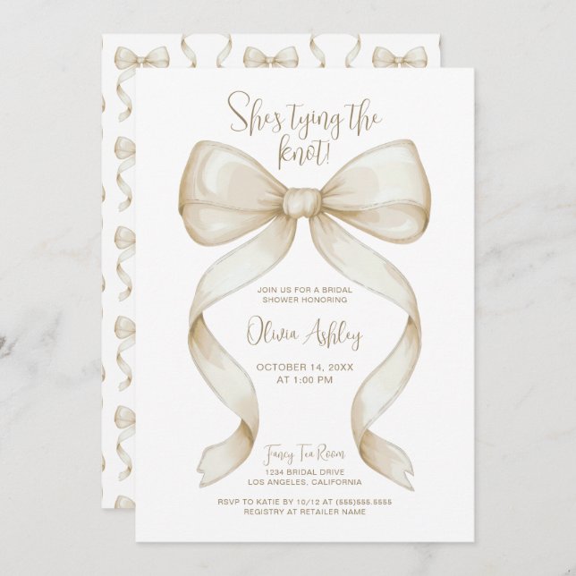 Elegant She's Tying the Knot Bow Bridal Shower Invitation (Front/Back)