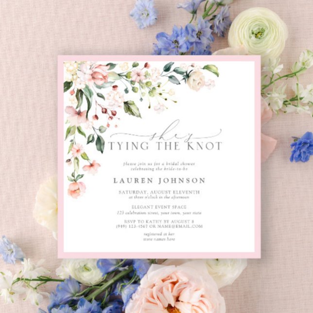 Elegant She's Tying the Knot Pink Floral Shower Invitation (Creator Uploaded)