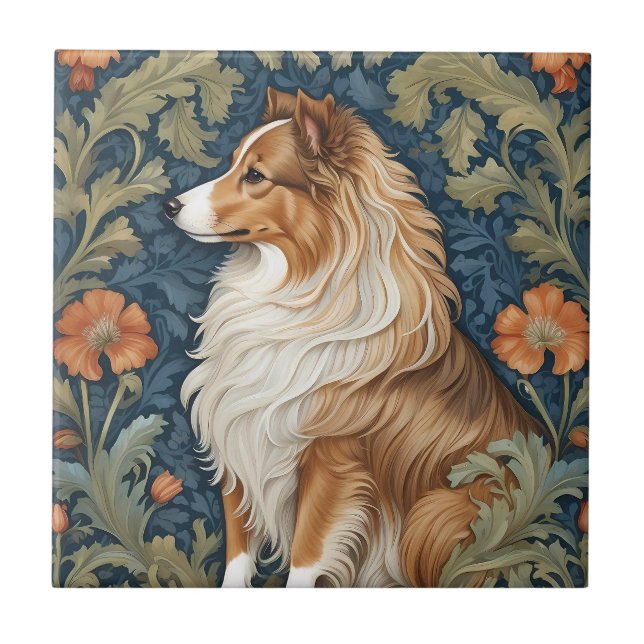 Elegant Shetland Sheepdog William Morris Inspired Ceramic Tile (Front)