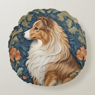 Elegant Shetland Sheepdog William Morris Inspired Round Cushion