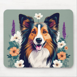Elegant Shetland Sheepdog with Floral Mouse Pad