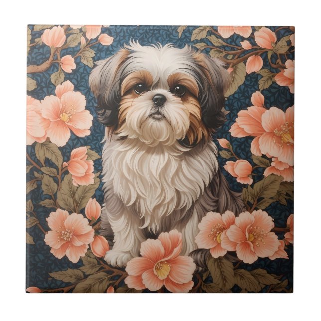 Elegant Shih Tzu Dog William Morris Inspired Ceramic Tile (Front)