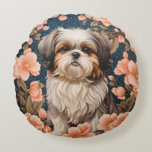 Elegant Shih Tzu Dog William Morris Inspired Round Cushion