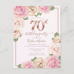 Elegant Shimmering Rose Gold Floral 70th Birthday Invitation Postcard