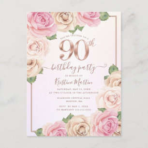 Elegant Shimmering Rose Gold Floral 90th Birthday Invitation Postcard