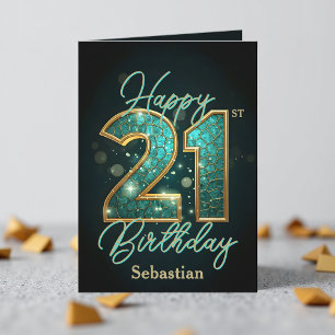 Elegant Shimmering Teal and Gold 21st Birthday Card
