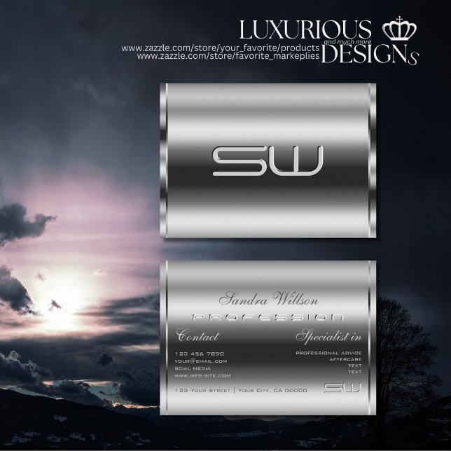 Elegant Shimmery Silver and Large 3D Monogram Chic Business Card (Creator Uploaded)