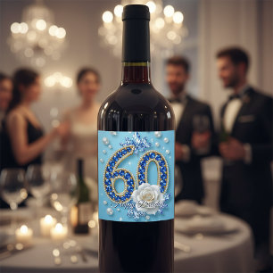Elegant Shiny Blue and Pearl Jewels 60th Birthday Wine Label