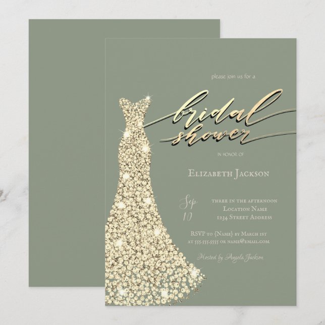 Elegant Shiny Dress Sage Green Bridal Shower  Invitation (Front/Back)