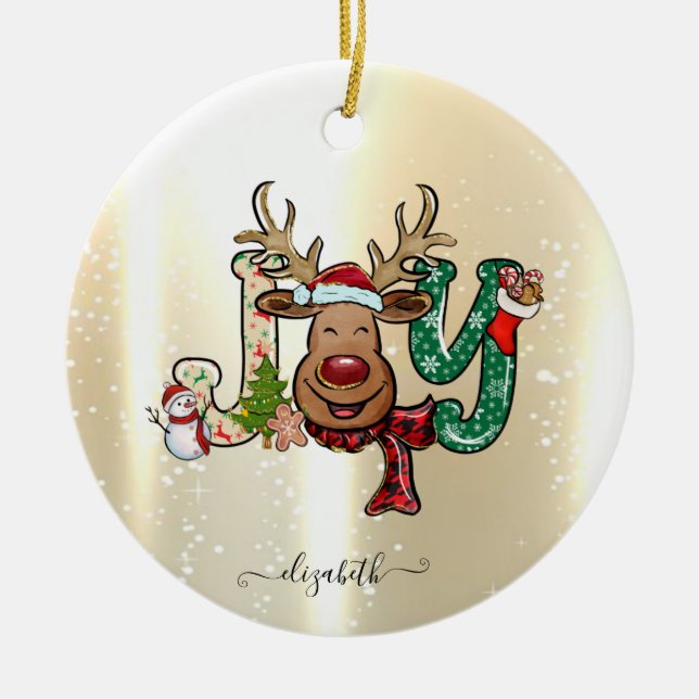 Elegant Shiny,Faux Gold,Reindeer,Snowman Ceramic Ornament (Front)