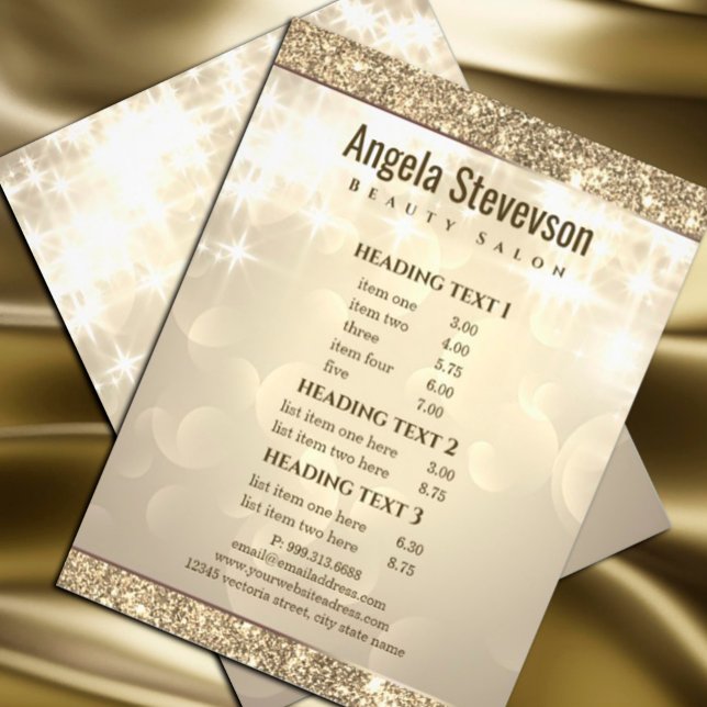 Elegant Shiny Glitter Gold Flyer (#shinypricelist #zazzlemade #elegantopalpricelist #sparkle #light #bright #salepromotion #listofsale)