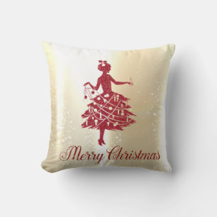 Elegant Shiny Gold Christmas Tree Girl Cushion