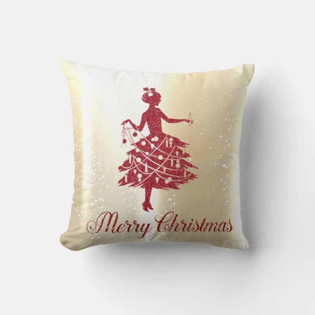 Elegant Shiny Gold Christmas Tree Girl Cushion (Front)