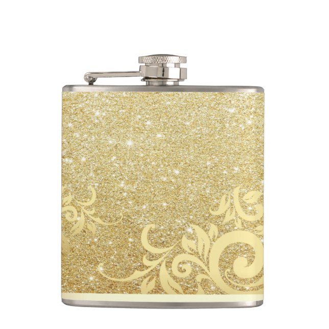 Elegant Shiny Gold Glitter,Lace Hip Flask (Front)