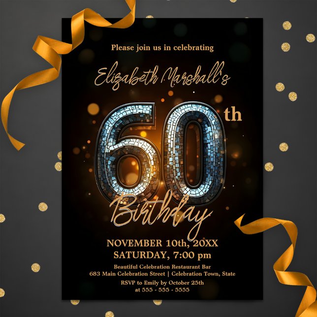 Elegant Shiny Gold Mosaic on Black 60th Birthday Invitation (Creator Uploaded)