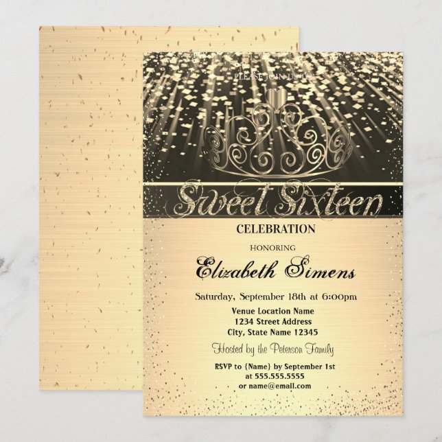 Elegant Shiny Gold Tiara Confetti Sweet 16 Invitation (Front/Back)