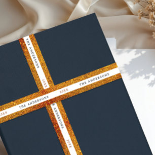 Elegant Shiny Gold White Sparkle Glitter Name Typo Satin Ribbon