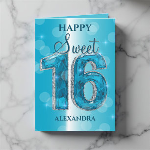 Elegant Shiny Sapphire & Silver Gemstone Sweet 16 Card