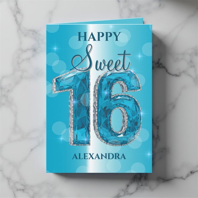 Elegant Shiny Sapphire & Silver Gemstone Sweet 16 Card (Creator Uploaded)