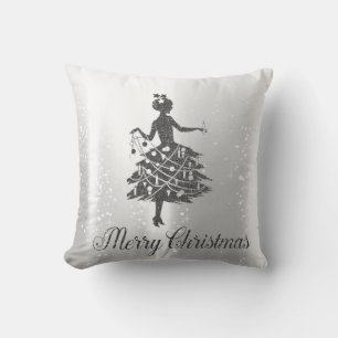 Elegant Shiny Silver Christmas Tree Girl Cushion