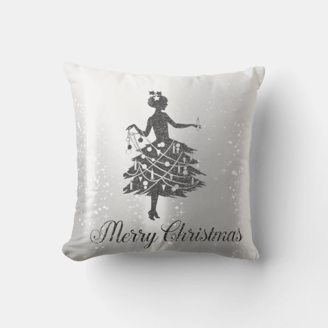 Elegant Shiny Silver Christmas Tree Girl Cushion (Front)