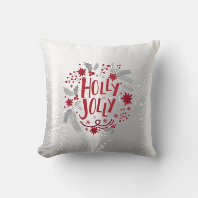 Elegant Shiny Silver Holly Jolly Cushion (Front)