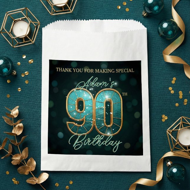 Elegant Shiny Teal Gold 90th Birthday Party Favour Bag (Creator Uploaded)