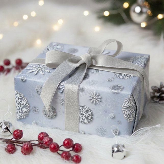 Elegant Shiny Winter Snowflakes On Silver Wrapping Paper Sheet (Creator Uploaded)