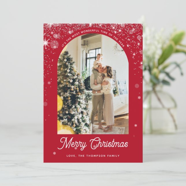 Elegant Shower Flake With Family Photo Christmas Holiday Card (Standing Front)
