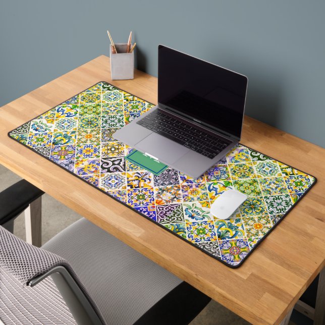 Elegant Sicilian Mediterranean green tiles Desk Mat (Office 2)