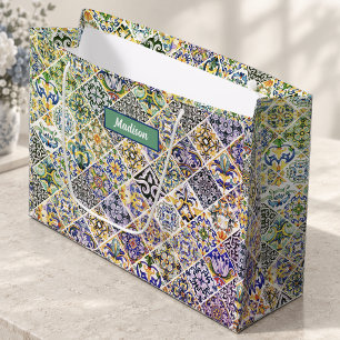 Elegant Sicilian Mediterranean green tiles Large Gift Bag