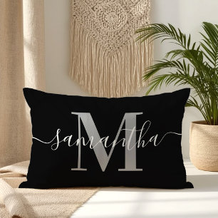 Elegant Signature Grey Modern Monogram Black Lumbar Cushion