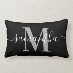 Elegant Signature Grey Modern Monogram Black Lumbar Cushion