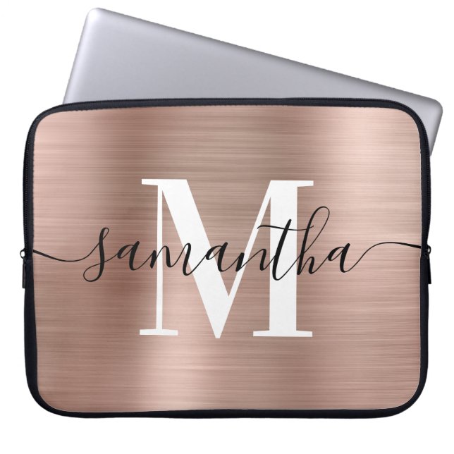 Elegant Signature Modern Monogram Rose Gold Foil Laptop Sleeve (Front)