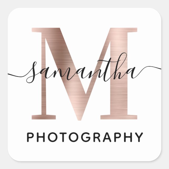 Elegant Signature Rose Gold M Monogram Logo Square Sticker (Front)