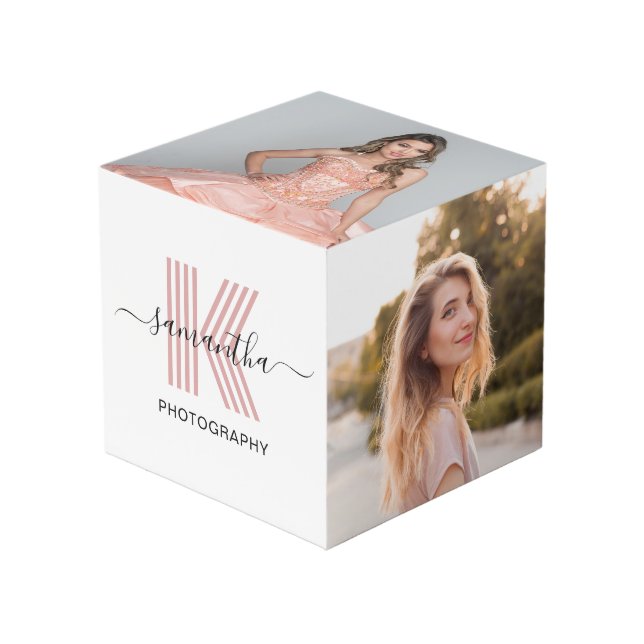 Elegant Signature Rose Gold Retro Monogram Cube (Front Angled)