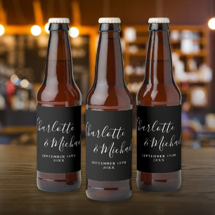 Elegant Signature Script Black And White Wedding Beer Bottle Label