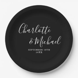 Elegant Signature Script Black And White Wedding Paper Plate