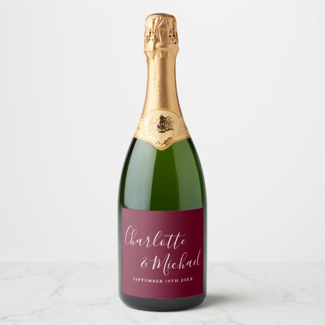 Elegant Signature Script Burgundy Wedding Sparkling Wine Label (Front)
