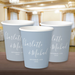 Elegant Signature Script Dusty Blue Wedding Paper Cups