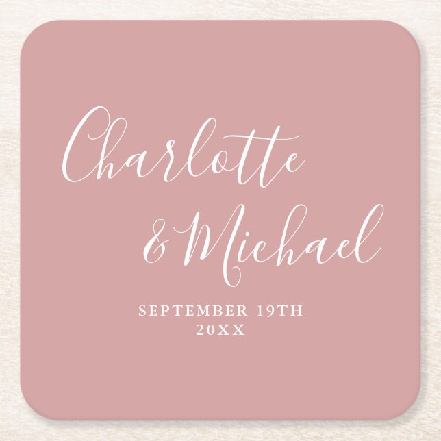 Elegant Signature Script Dusty Rose Wedding Square Paper Coaster (Front)